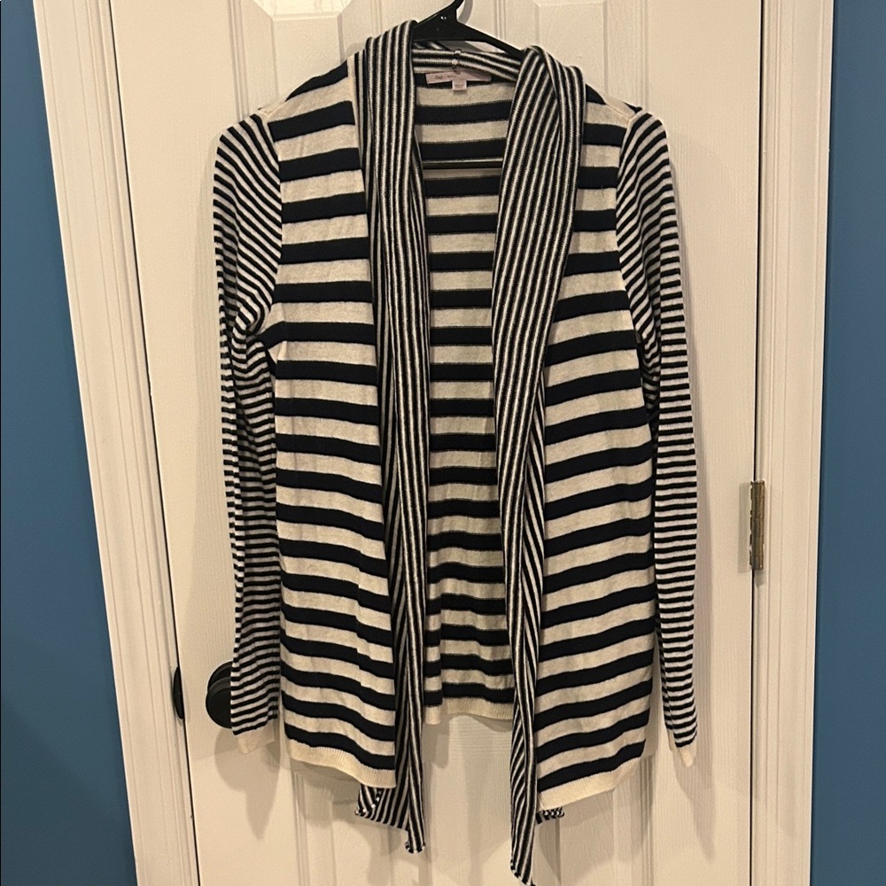 Striped navy and White Women's Sweater. Nylon and wool with draped front